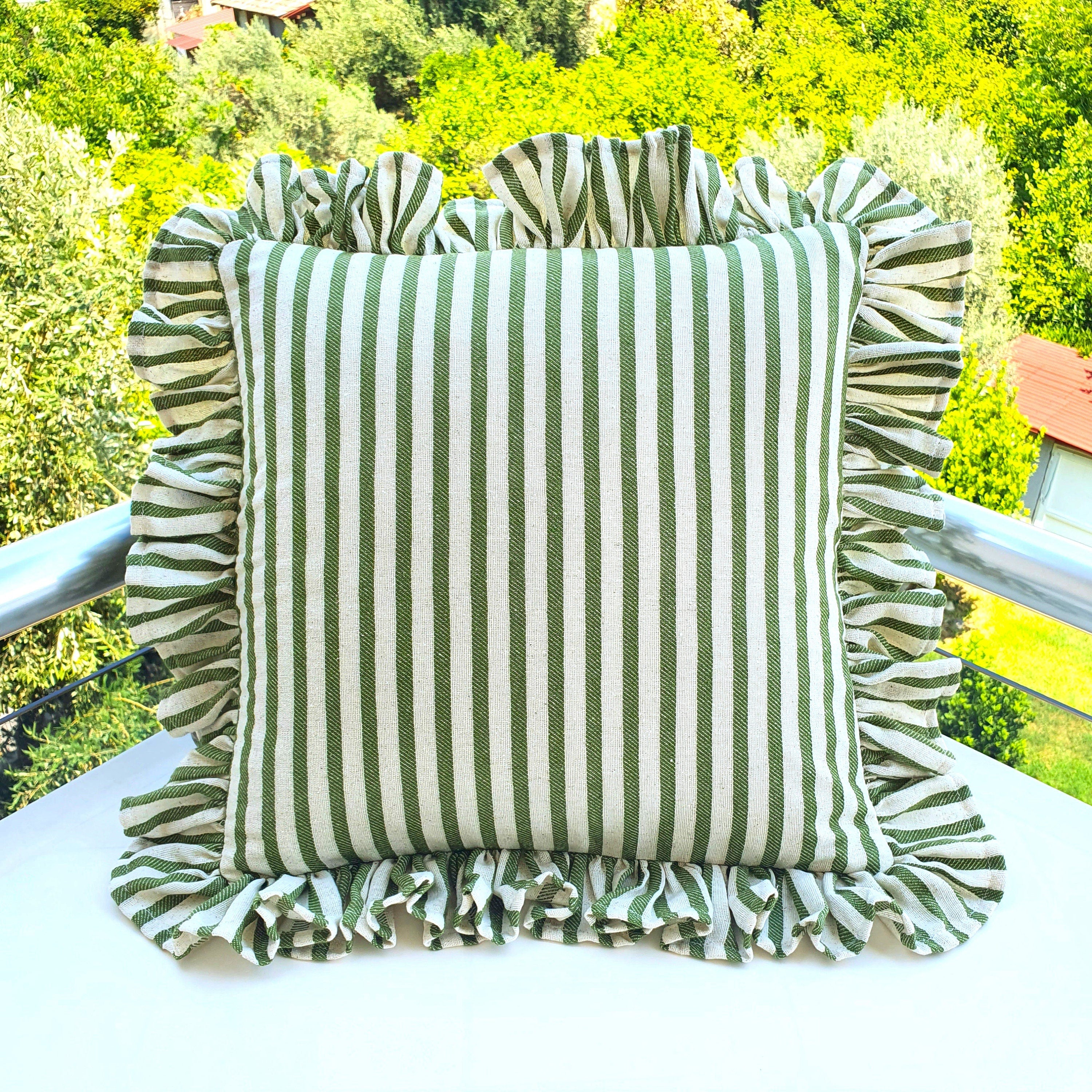 Bohemian Frill Linen Striped Pillow Cover - Different Color Options With Frill Edges - Hello Mello Store