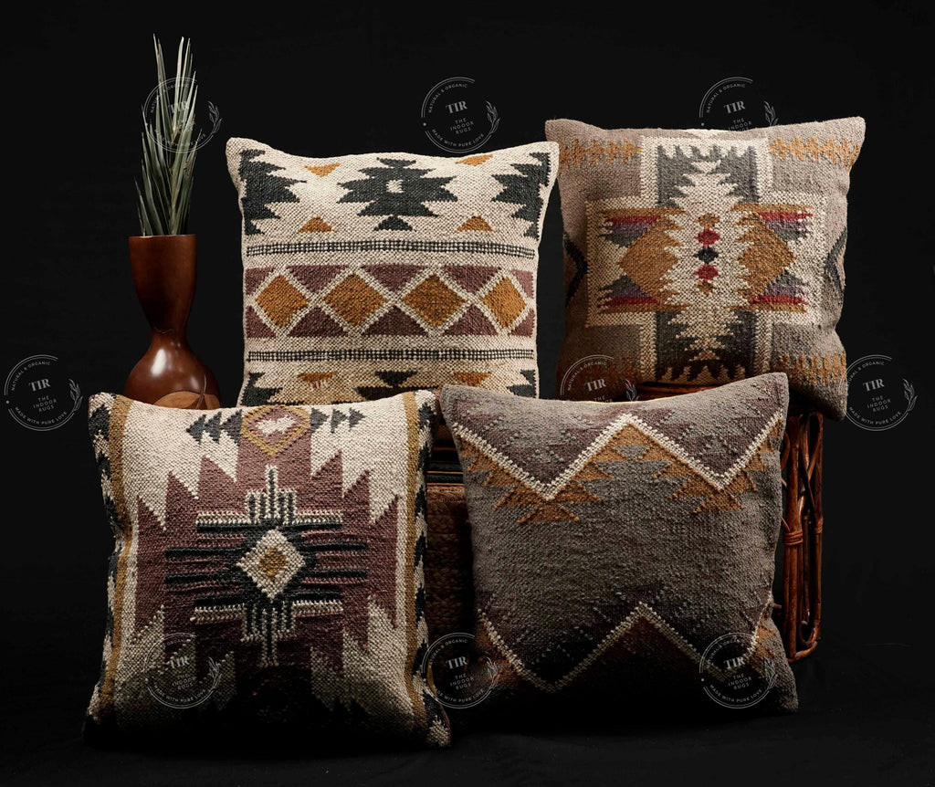 4 Set Of Indian Hand Woven Wool Jute Cushion Cover 18x18 Inch Jute Pillows Ethnic Vintage Throw Pillow Cases Decorative Sham, Sofa Decor Set