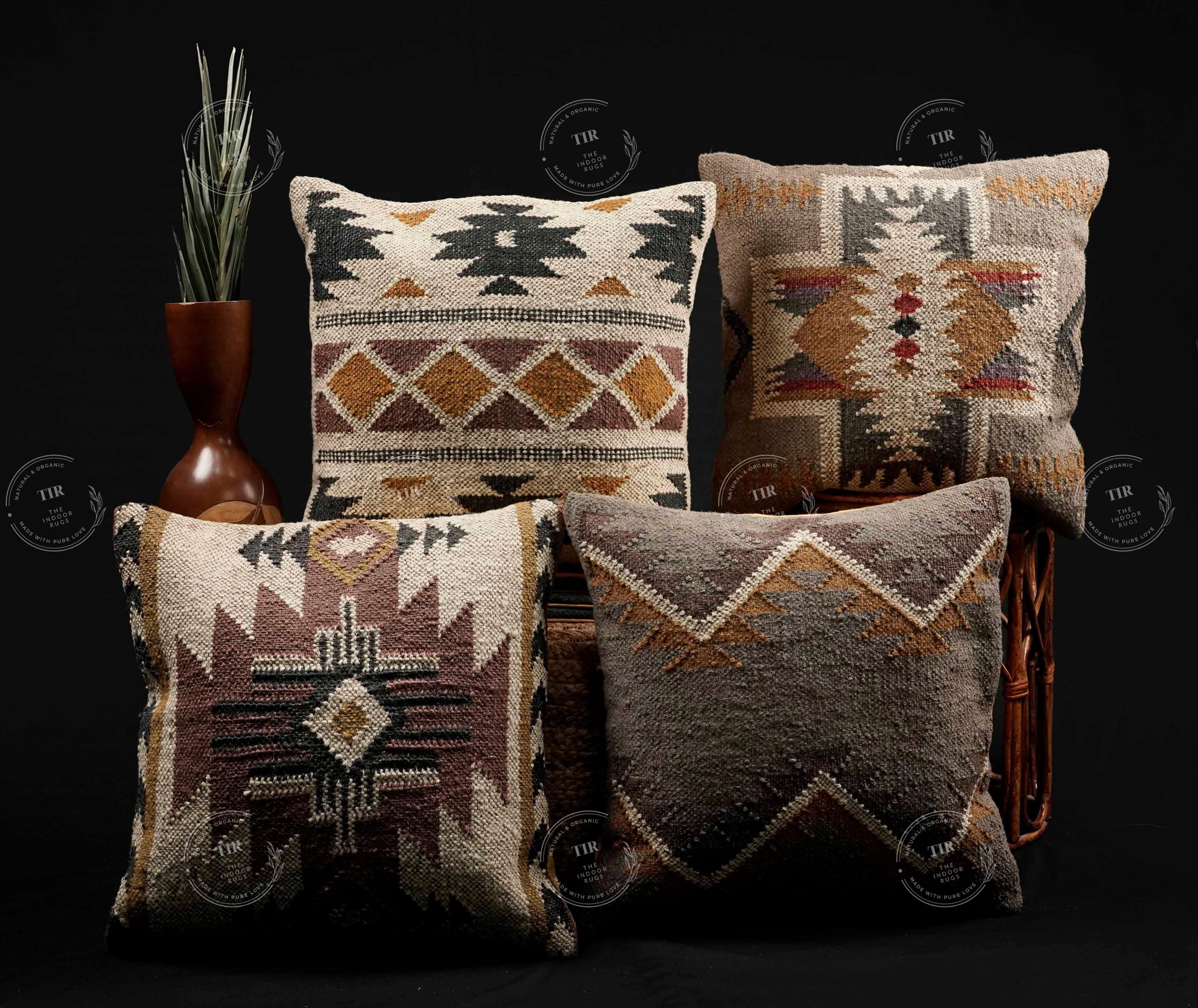 4 Set Of Indian Hand Woven Wool Jute Cushion Cover 18x18 Inch Jute Pillows Ethnic Vintage Throw Pillow Cases Decorative Sham, Sofa Decor Set