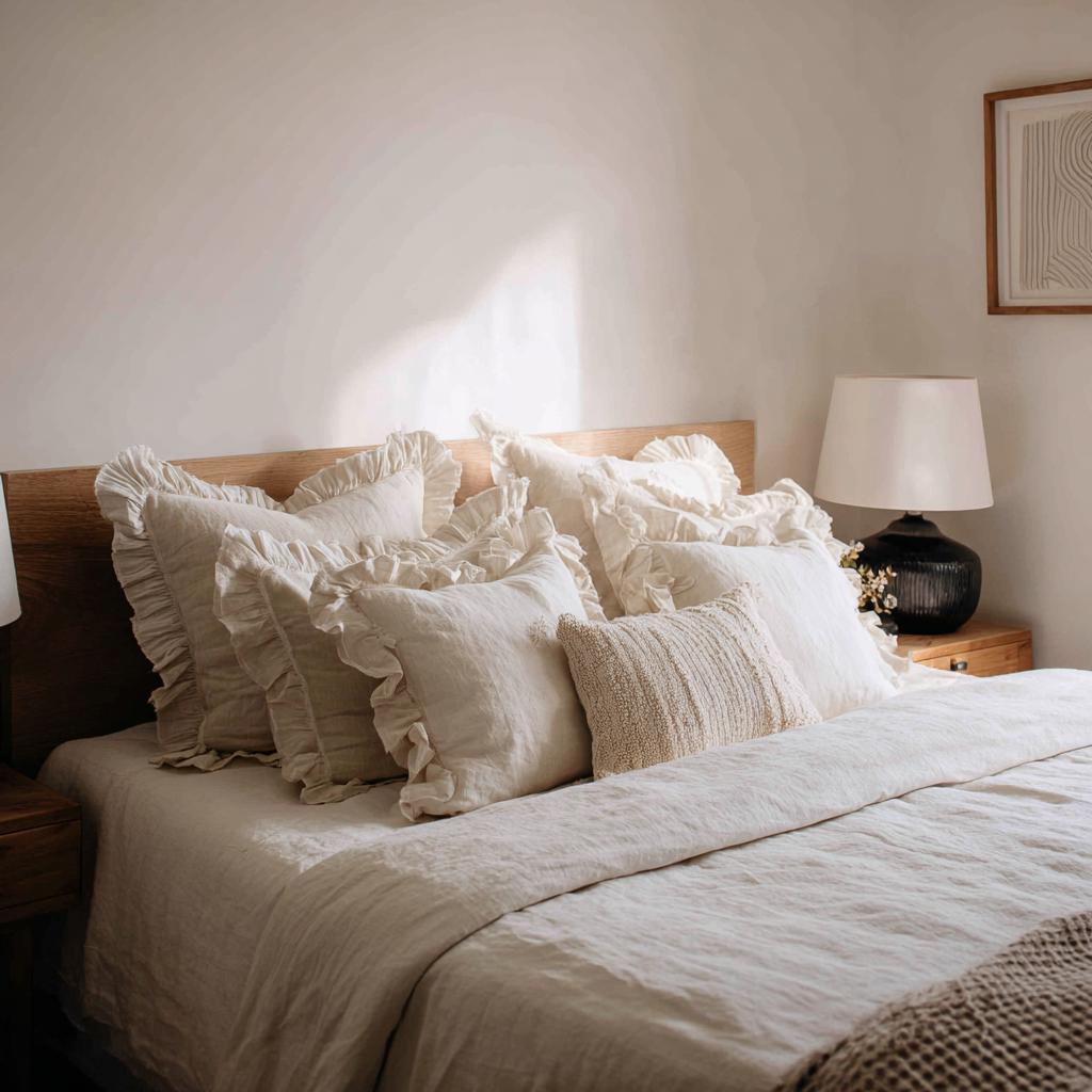Ruffled linen pillowcase with zipper closure, 18 x 18 inches