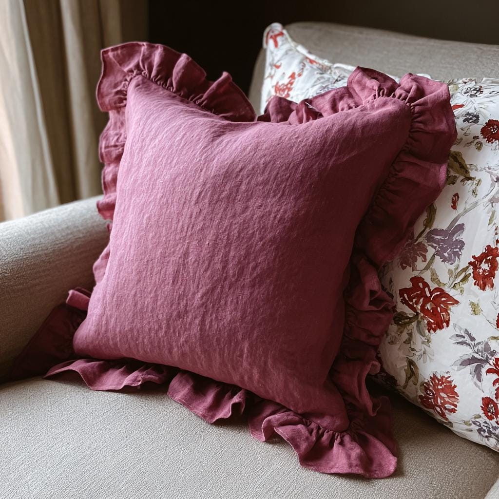 Ruffled linen pillowcase with zipper closure, 18 x 18 inches – view 2