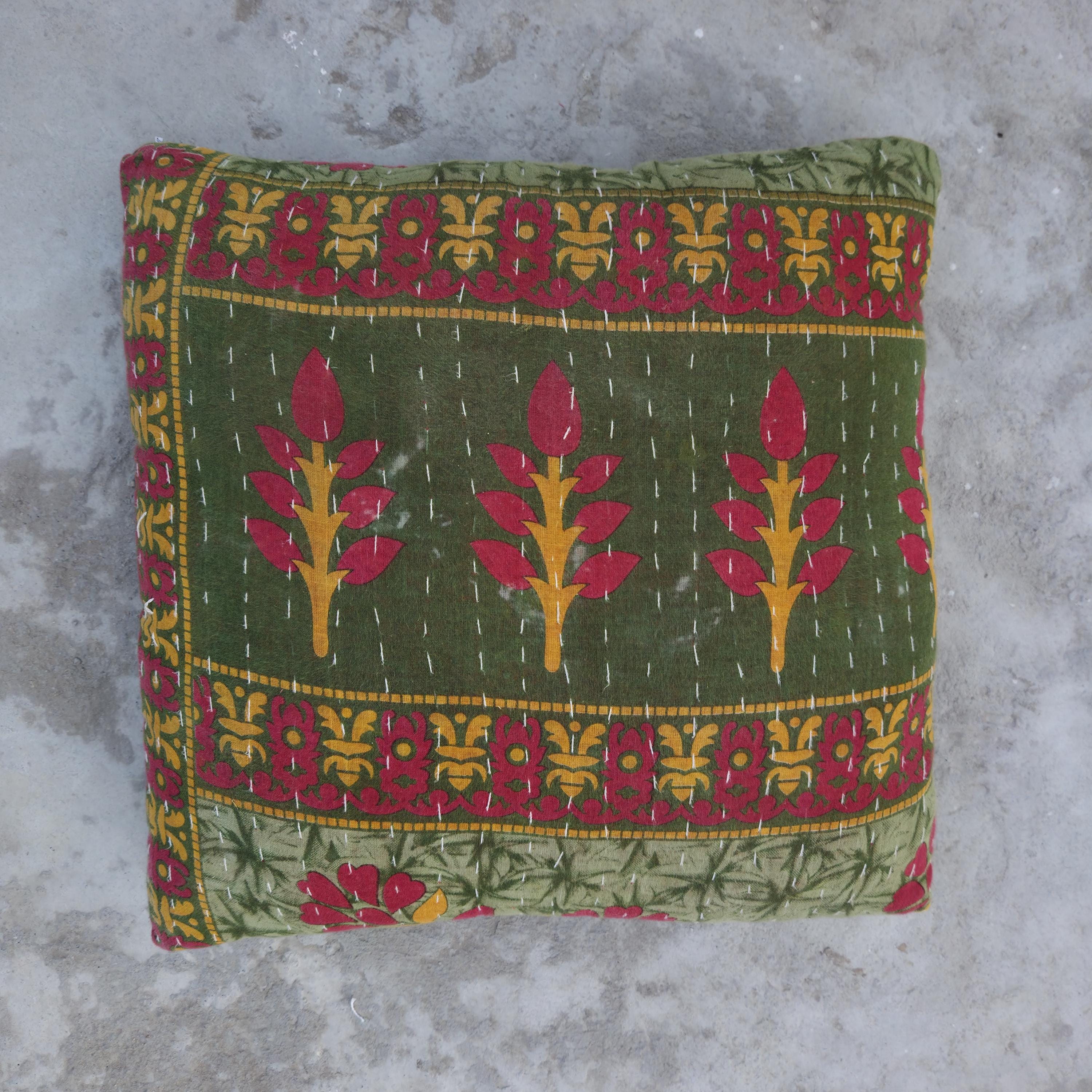 Indian Kantha Pillow Cover Set 5 : Artisan Upcycled Cotton Cushion