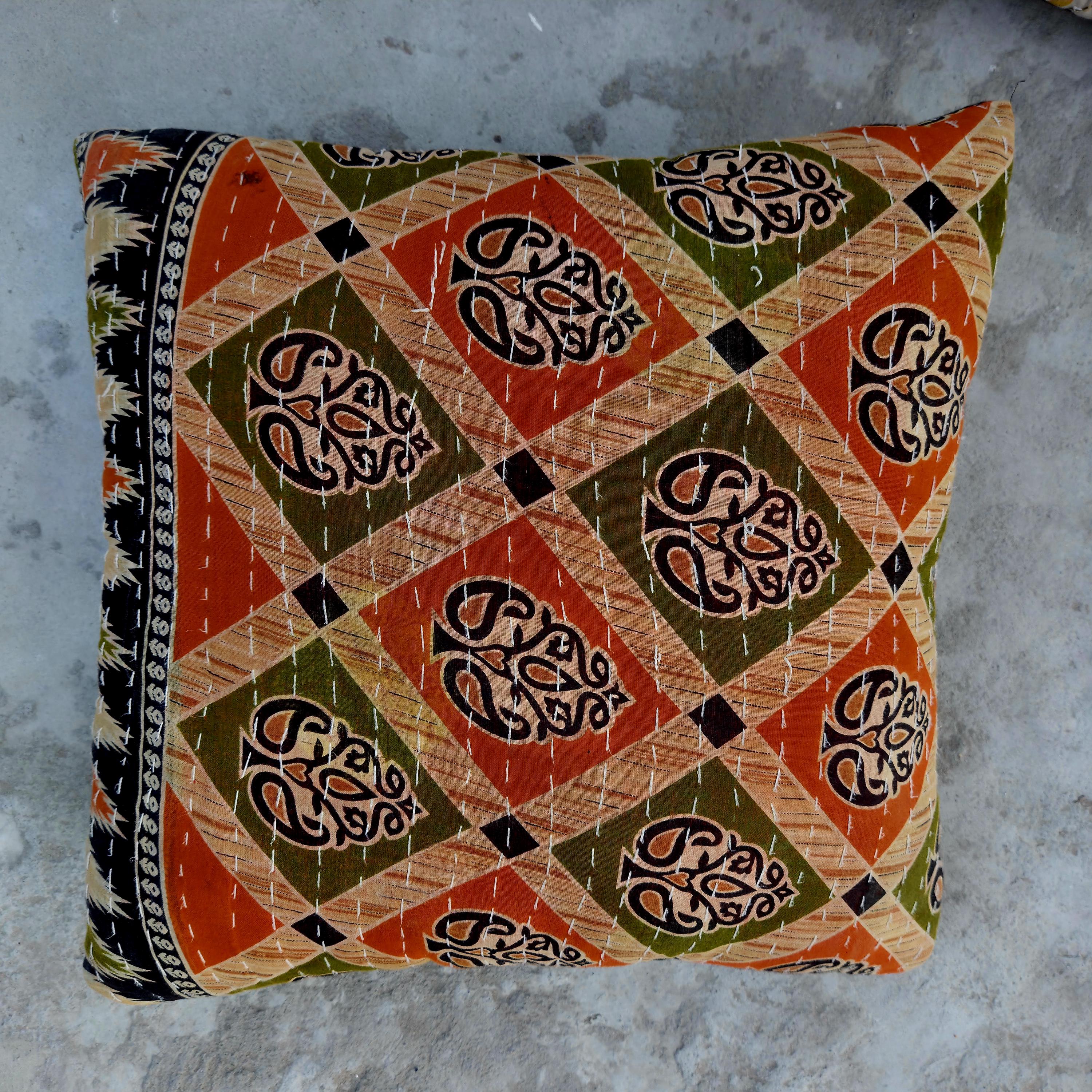 Indian Kantha Pillow Cover Set 5 : Artisan Upcycled Cotton Cushion