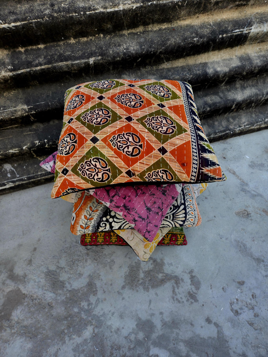 Indian Kantha Pillow Cover Set 5 : Artisan Upcycled Cotton Cushion