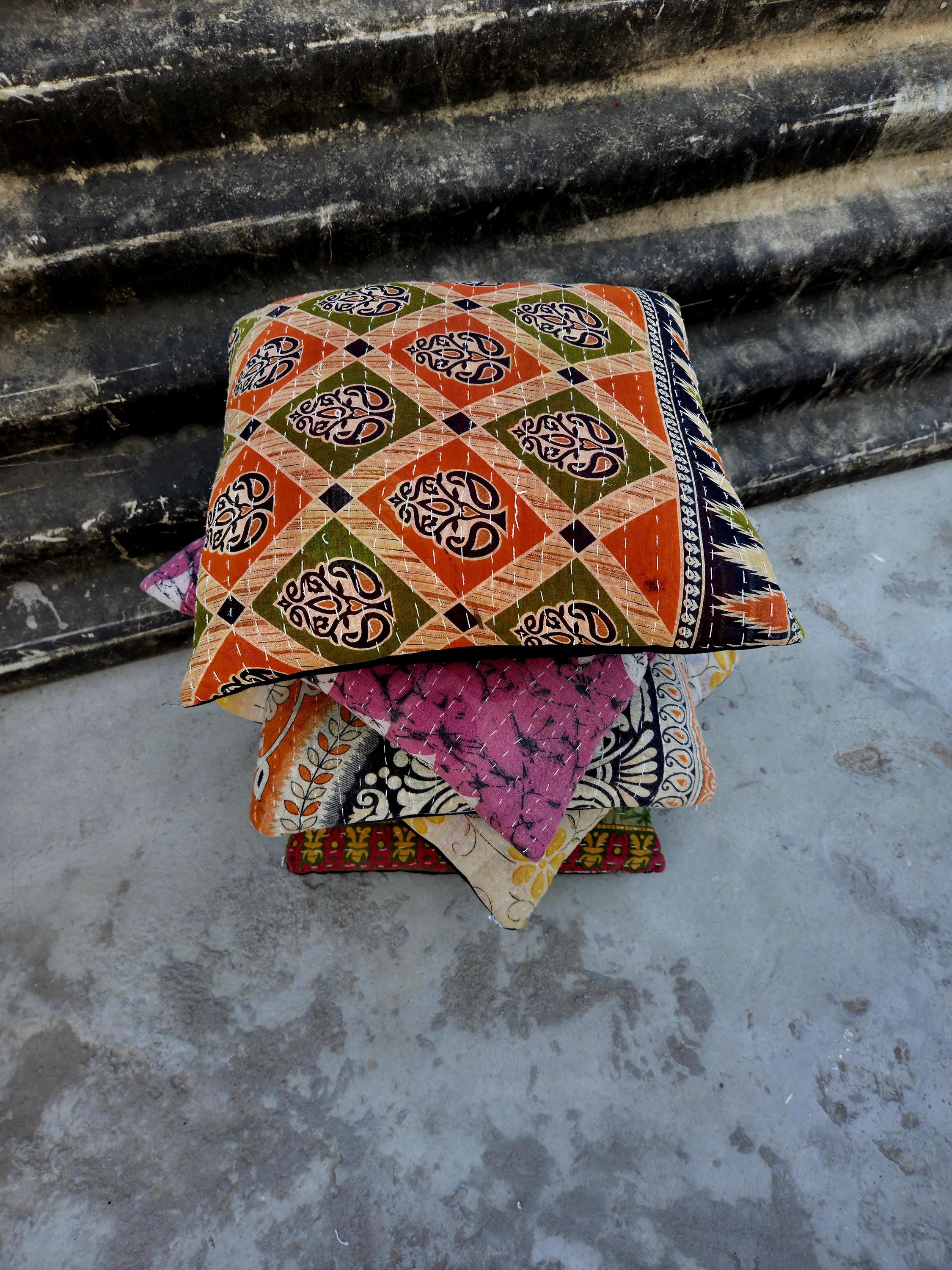 Indian Kantha Pillow Cover Set 5 : Artisan Upcycled Cotton Cushion