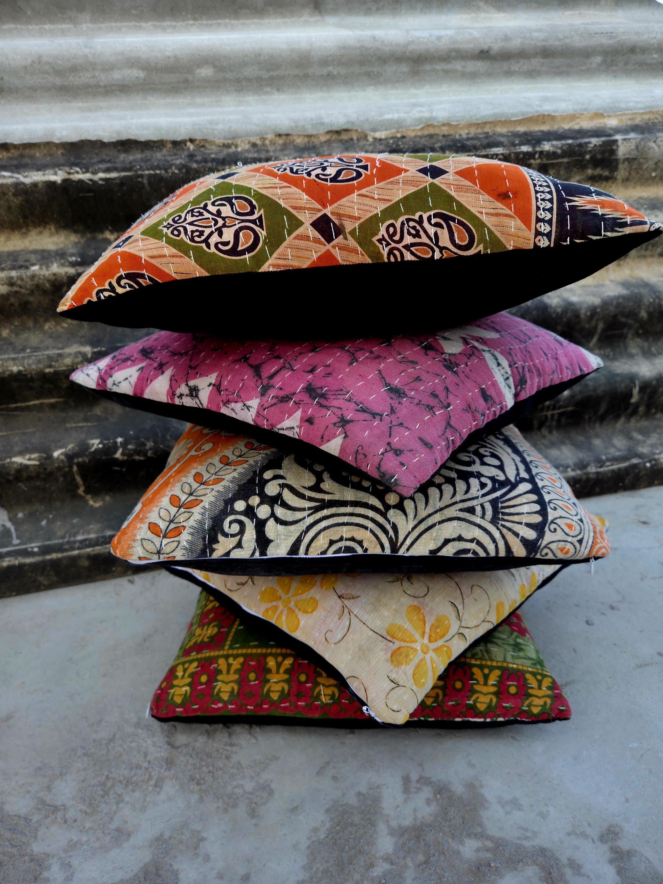 Indian Kantha Pillow Cover Set 5 : Artisan Upcycled Cotton Cushion