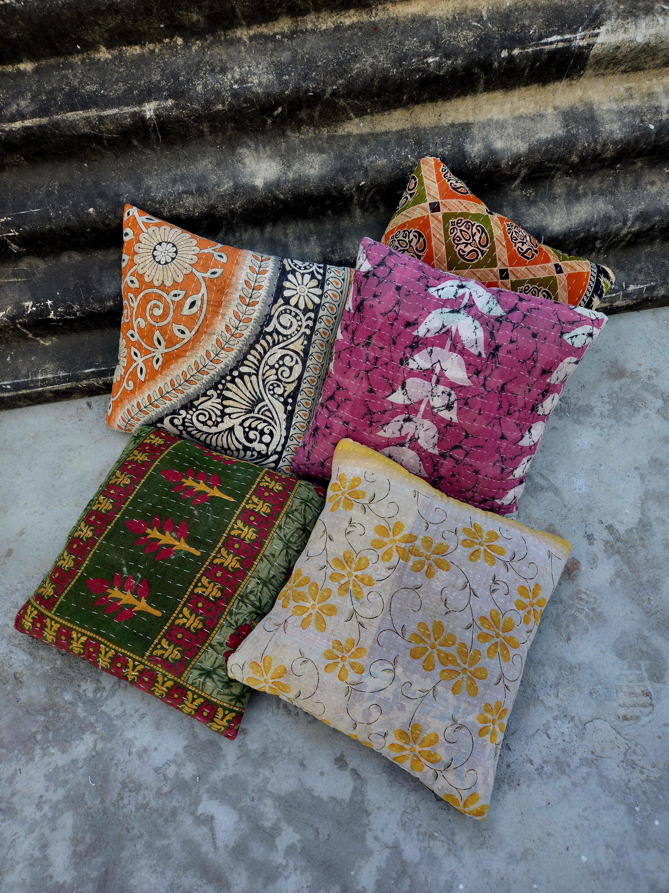 Indian Kantha Pillow Cover Set 5 : Artisan Upcycled Cotton Cushion