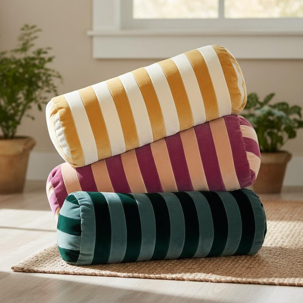 Handmade Striped Velvet Bolster Pillow – Two-tone Cylinder Cushion