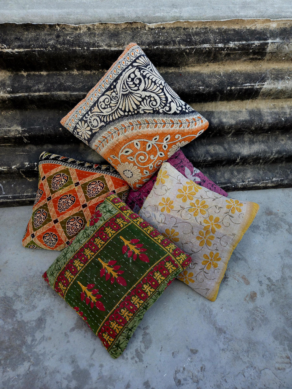 Indian Kantha Pillow Cover Set 5 : Artisan Upcycled Cotton Cushion