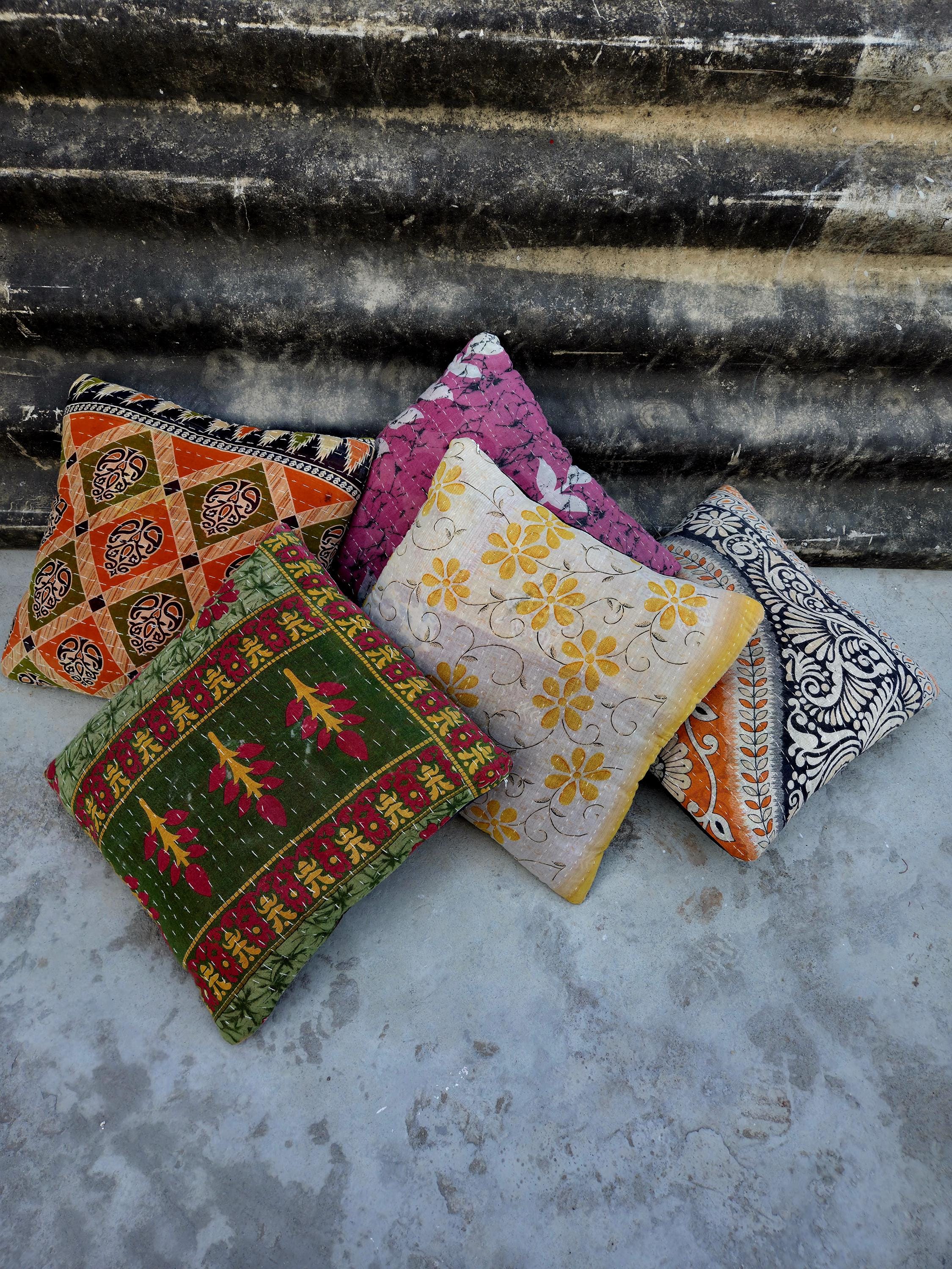 Indian Kantha Pillow Cover Set 5 : Artisan Upcycled Cotton Cushion