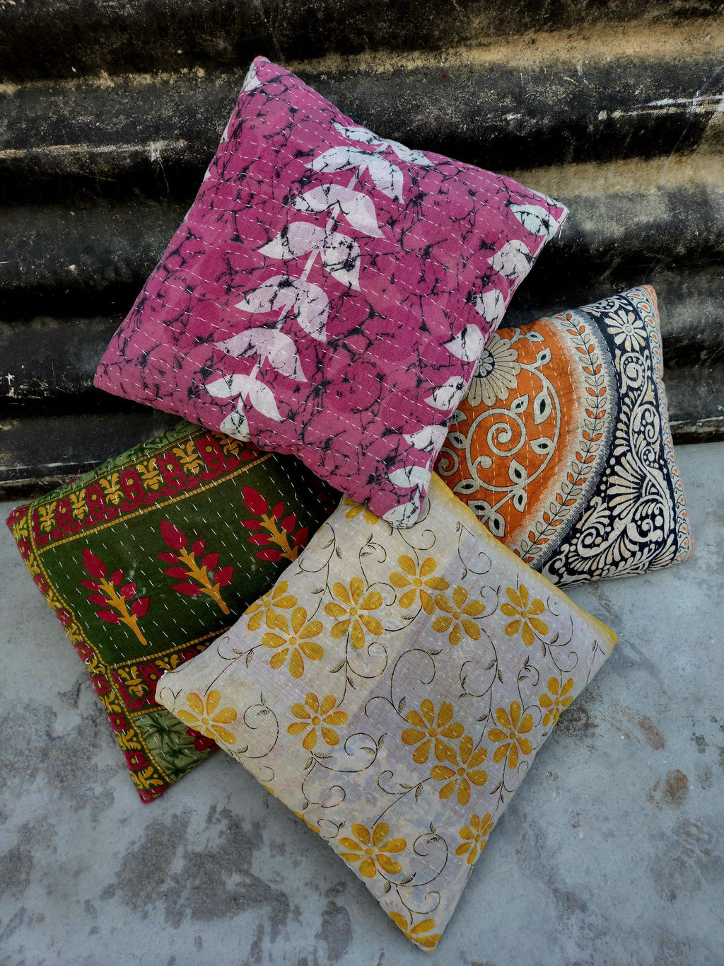 Indian Kantha Pillow Cover Set 5 : Artisan Upcycled Cotton Cushion