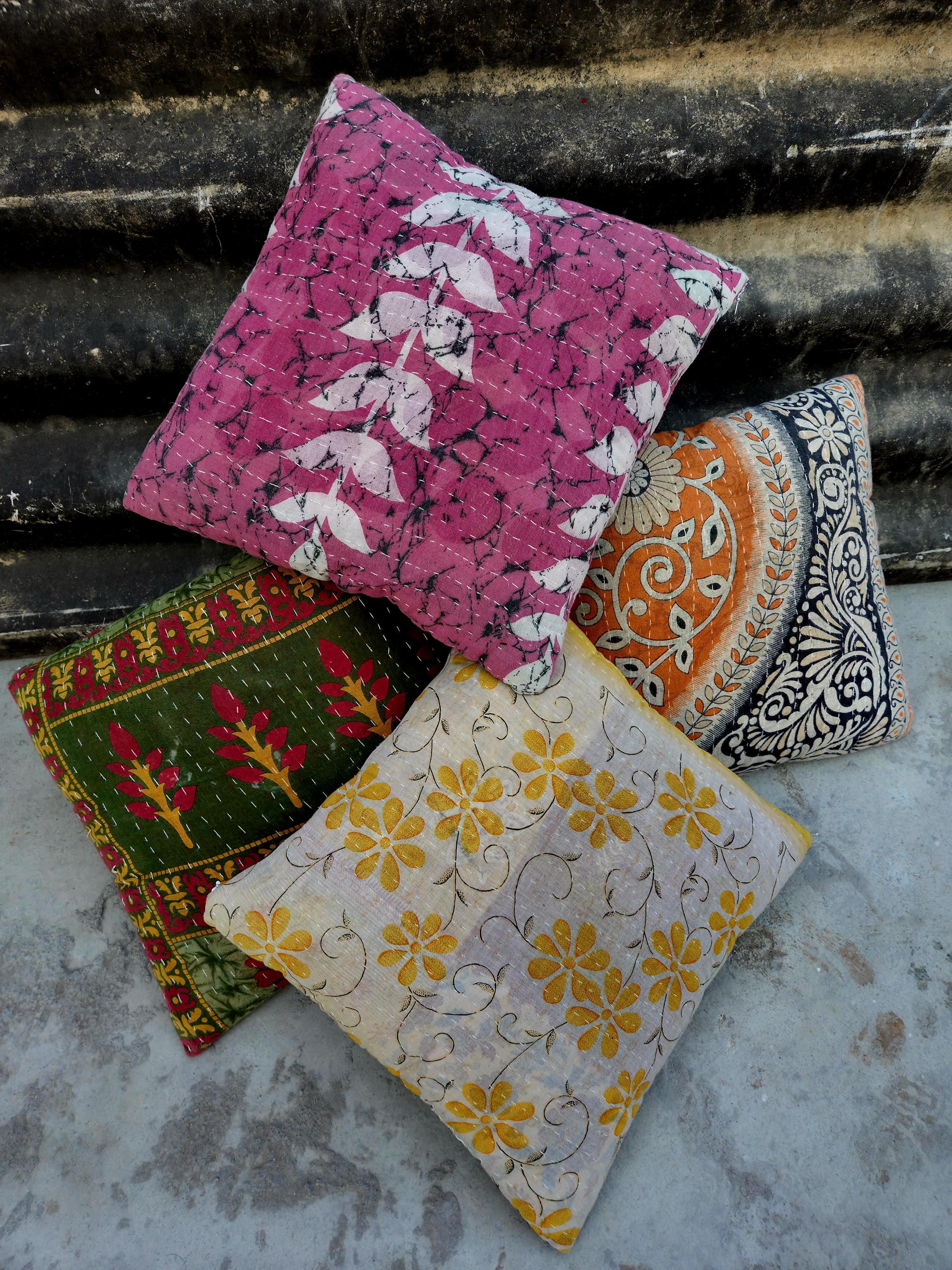 Indian Kantha Pillow Cover Set 5 : Artisan Upcycled Cotton Cushion