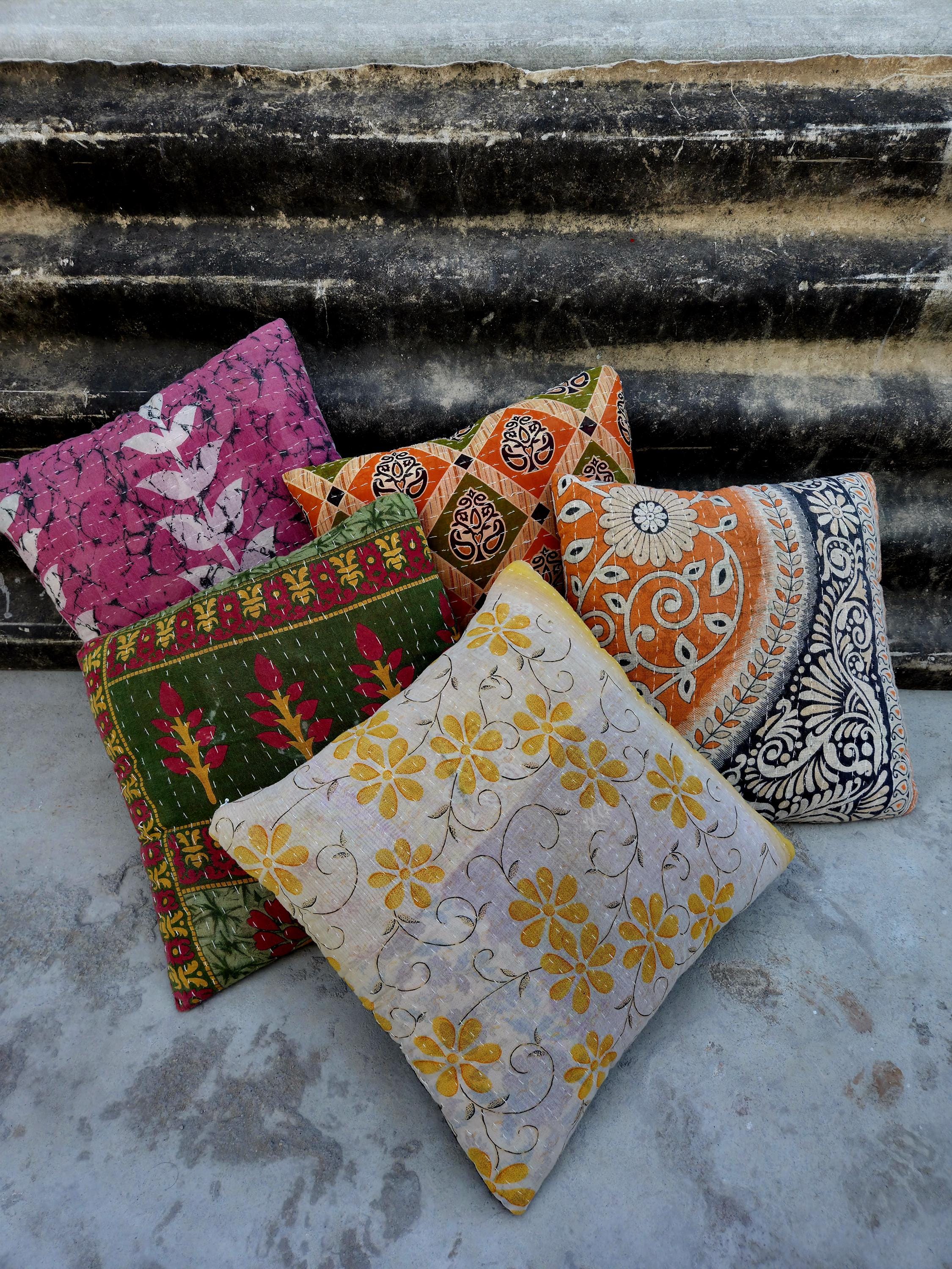 Indian Kantha Pillow Cover Set 5 : Artisan Upcycled Cotton Cushion