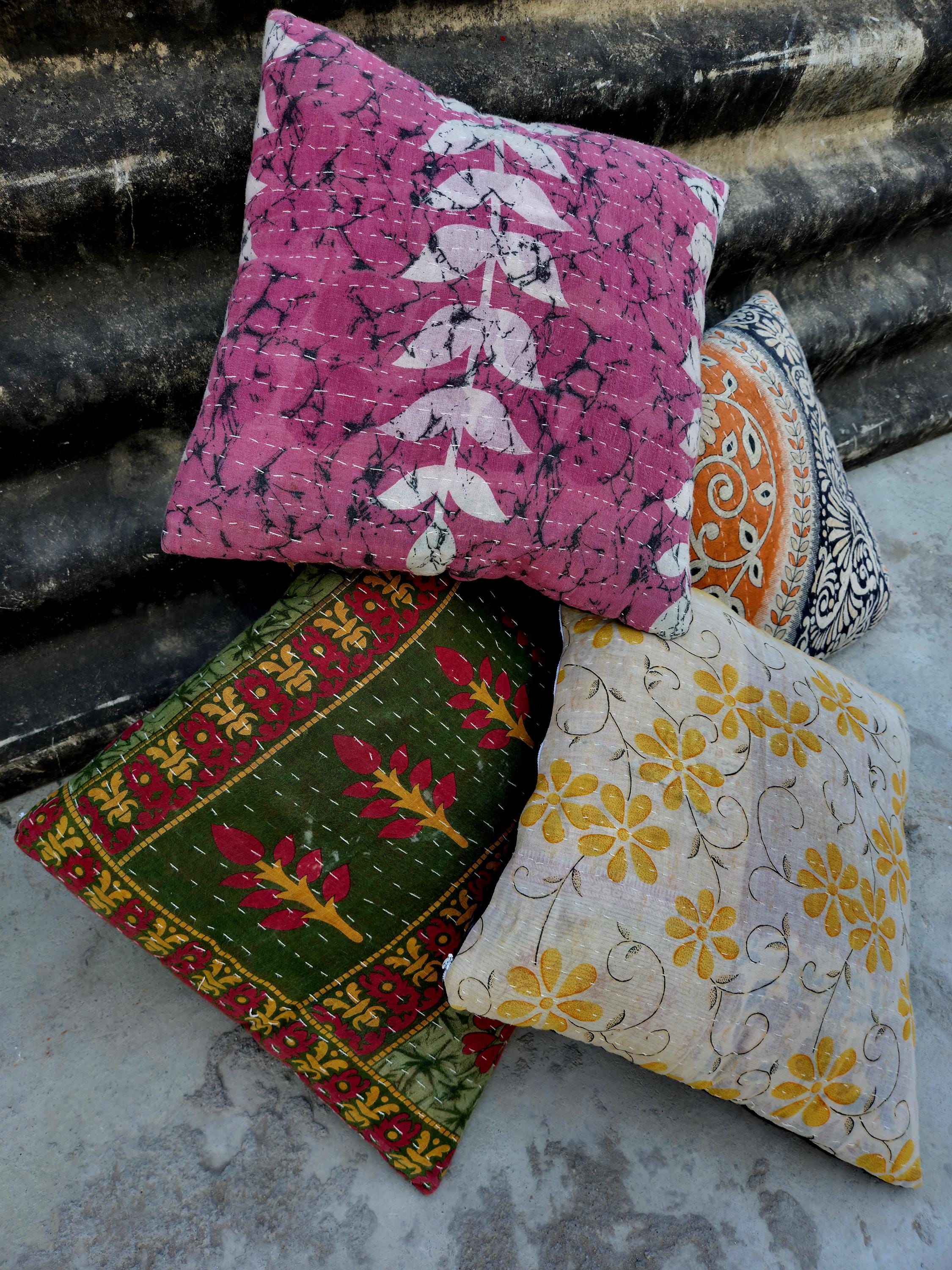 Indian Kantha Pillow Cover Set 5 : Artisan Upcycled Cotton Cushion