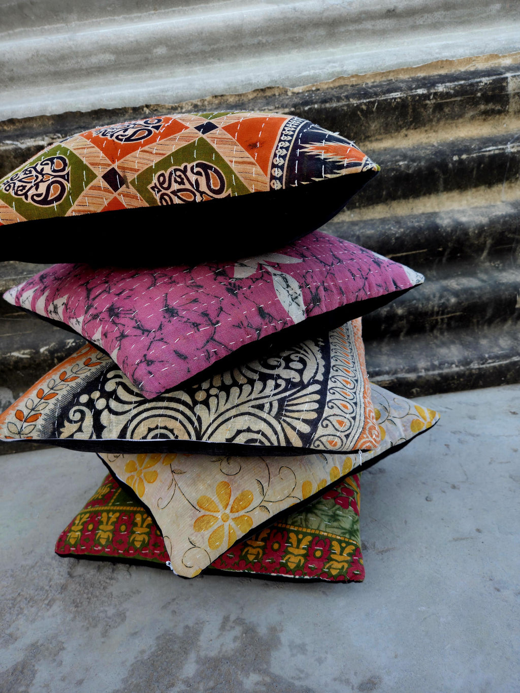 Indian Kantha Pillow Cover Set 5 : Artisan Upcycled Cotton Cushion