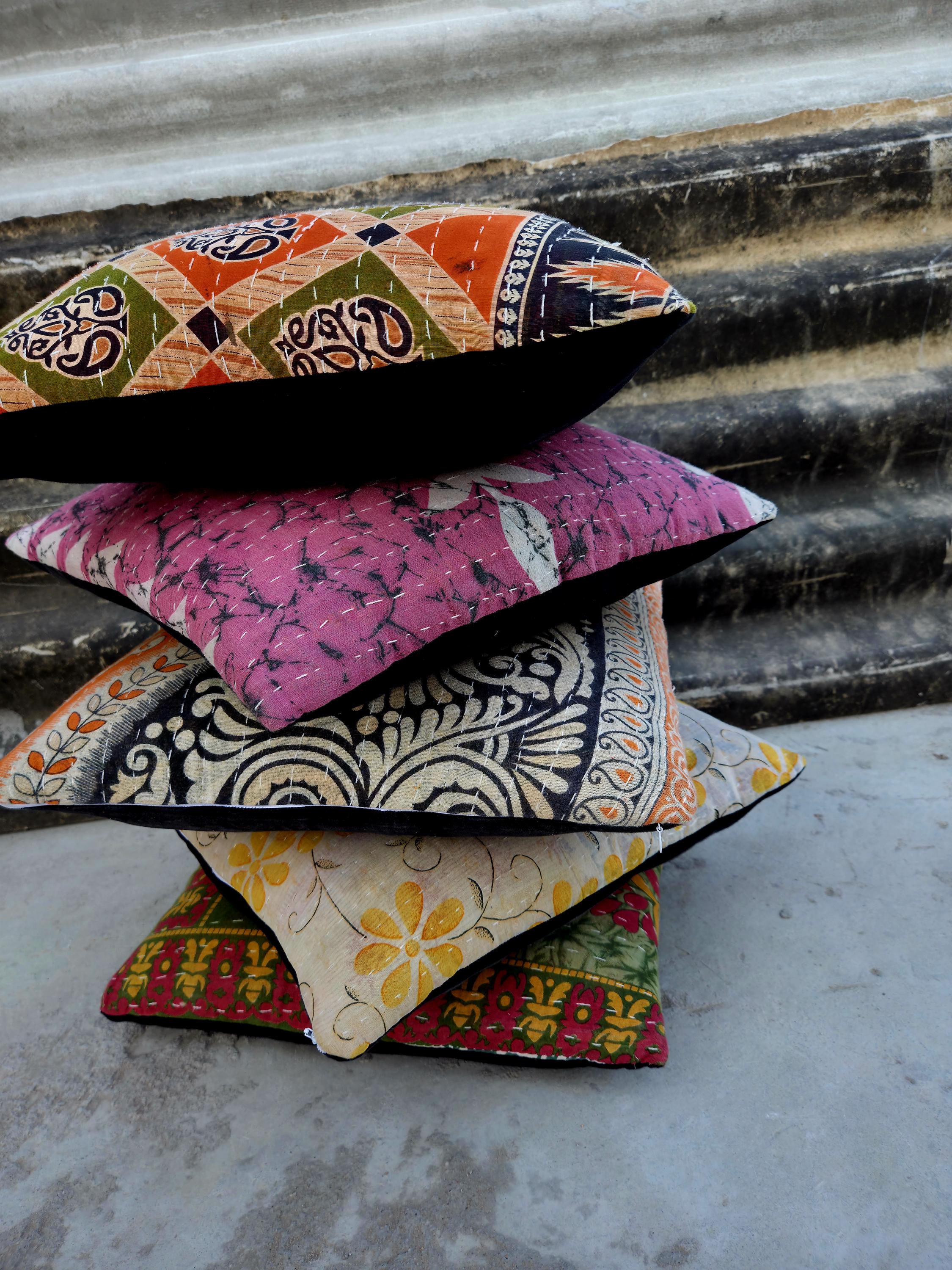 Indian Kantha Pillow Cover Set 5 : Artisan Upcycled Cotton Cushion
