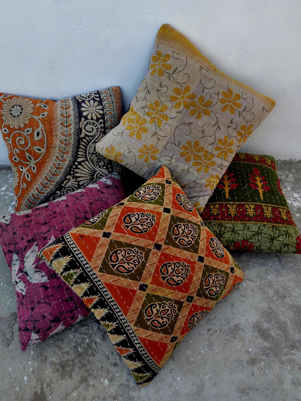 Indian Kantha Pillow Cover Set 5 : Artisan Upcycled Cotton Cushion