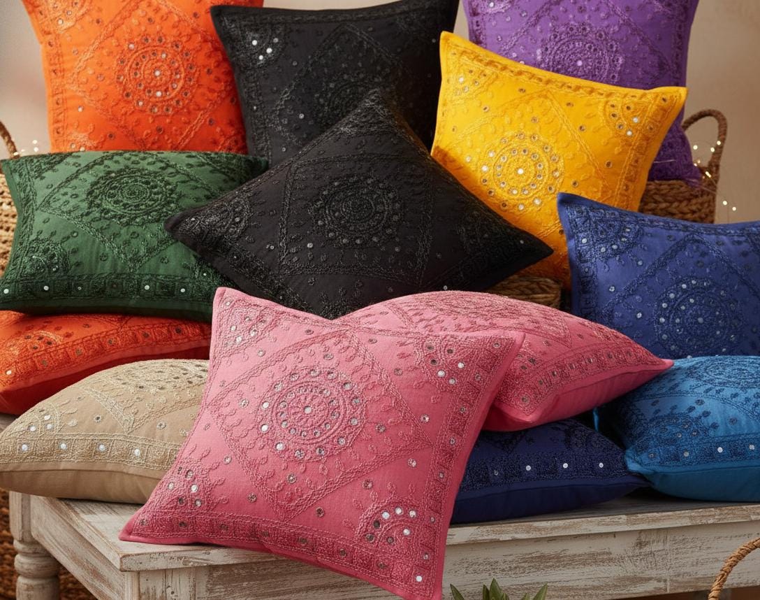 Pack Of 10 Mirror Work Cushion Covers (16x16) - Assorted Vibrant Colors, Ethnic Indian Embroidery Cotton Throw Pillow Cases For Home Decor