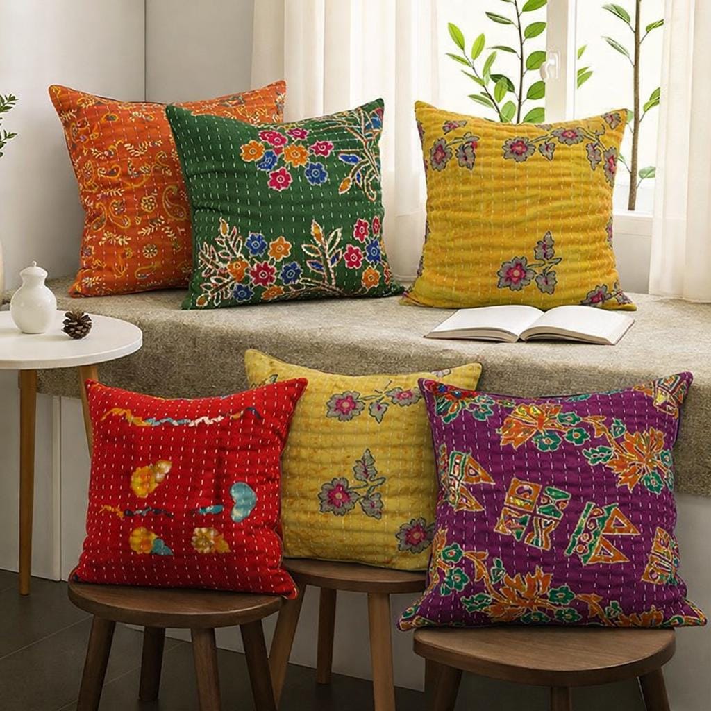 Indian Kantha Pillow Cover Set 5 : Artisan Upcycled Cotton Cushion
