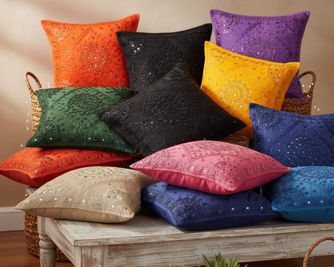 Mirror Work Cushion Covers Pack of 10 – 16x16 Inch Assorted Colors
