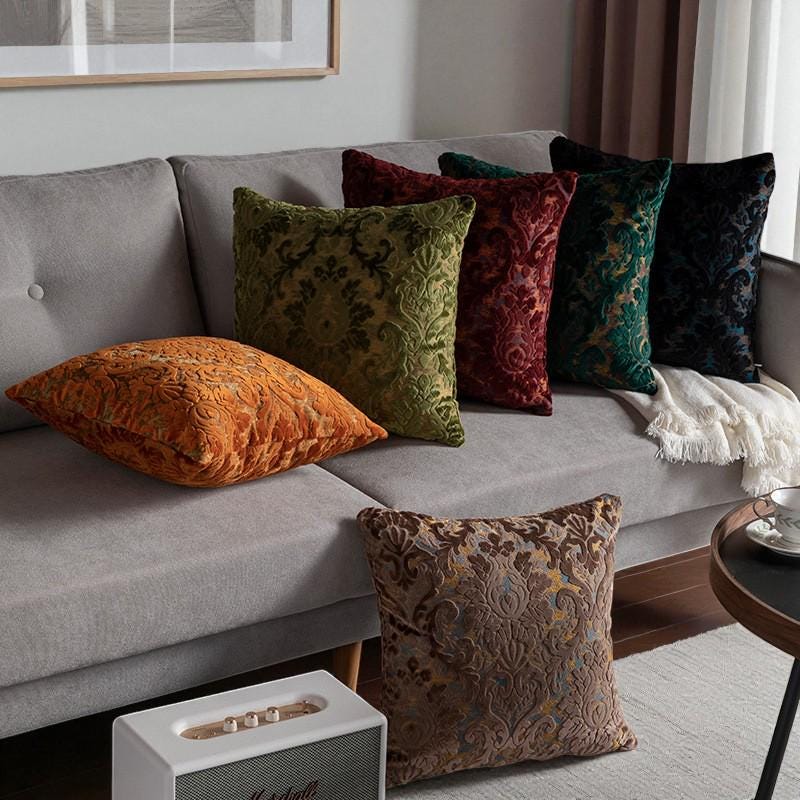 Damask Cut Velvet Pillow Cover, Rich Jewel Tones, Nordic Decor