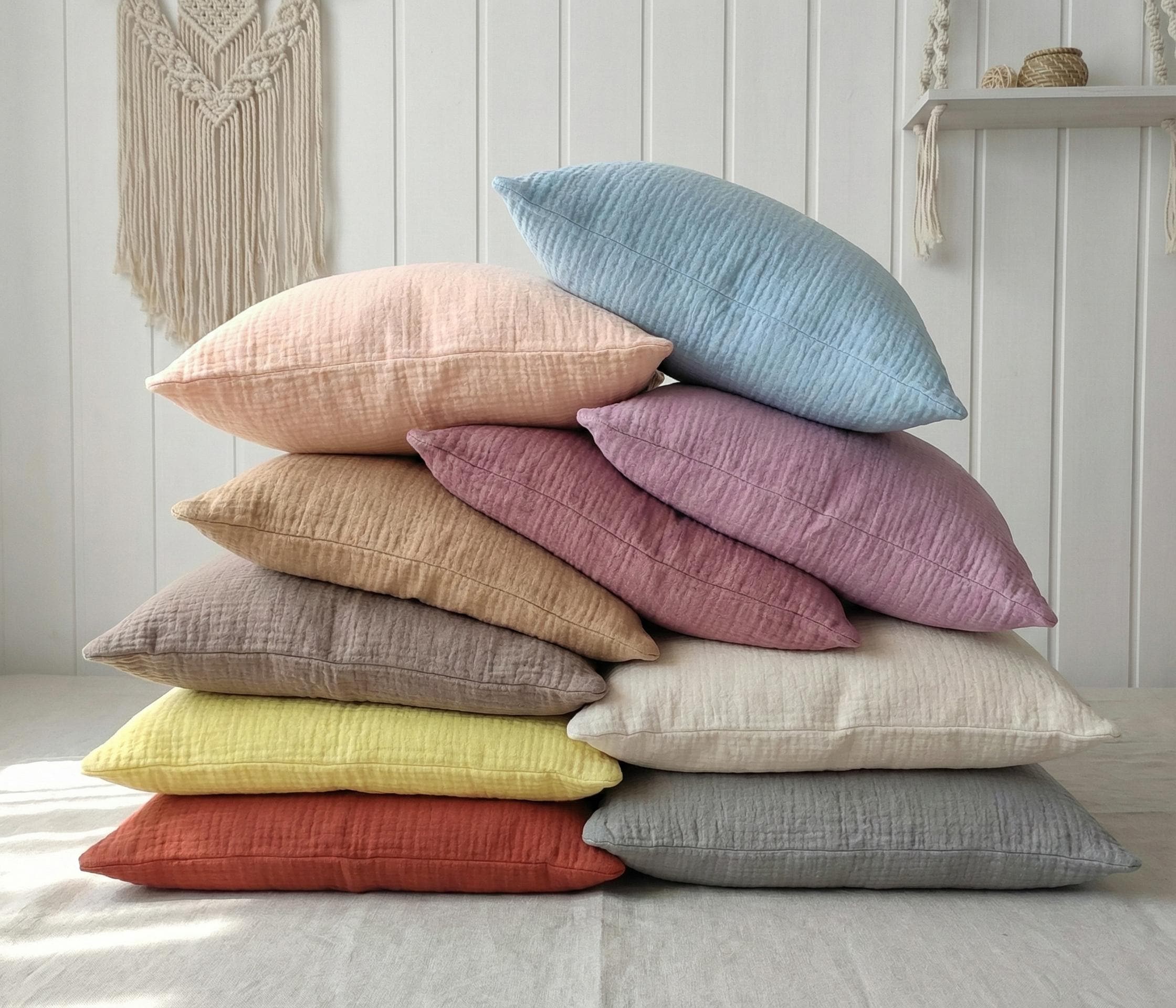 2 Pcs Organic 2-ply Muslin Pillow Covers - Square - Rectangle - Lumbar Pillowcases - 100% Cotton - Soft, Breathable Cooling Pillow Cases