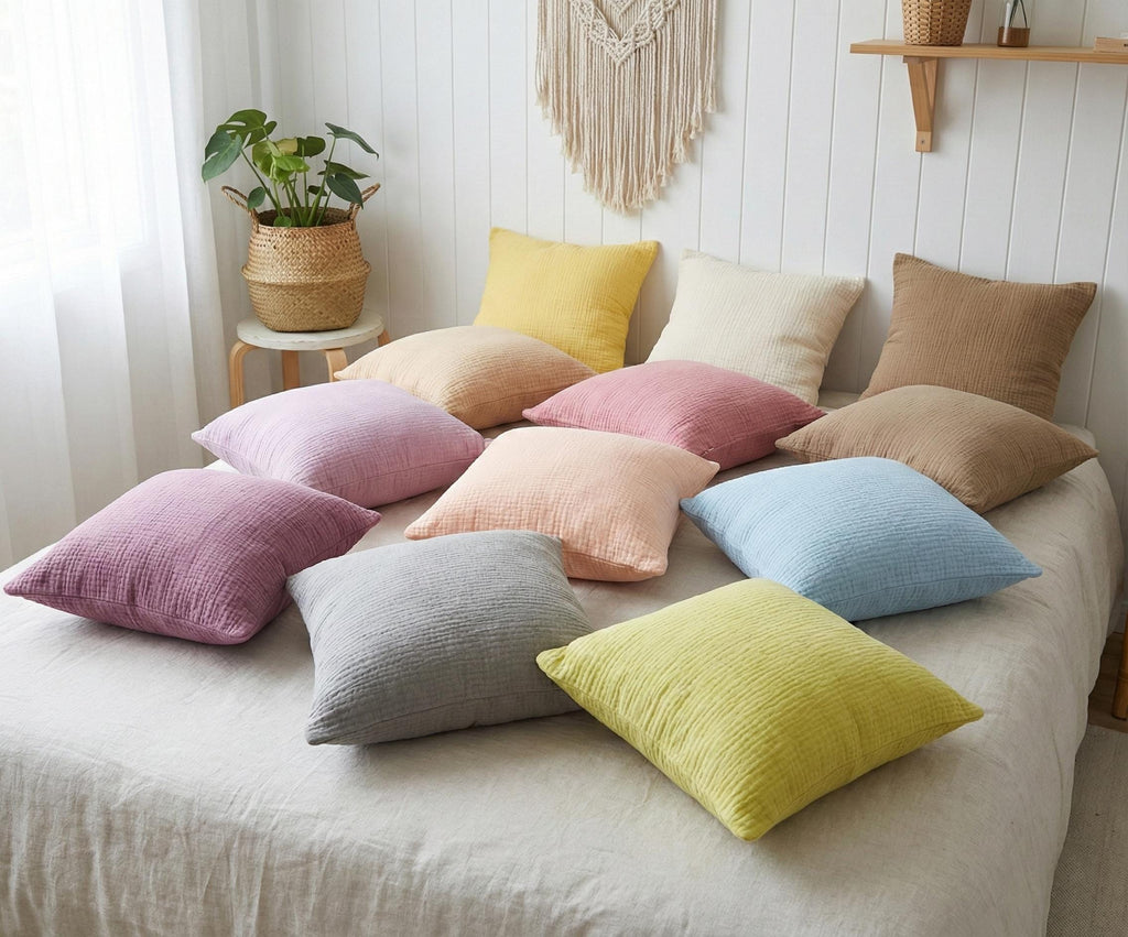 2 Pcs Organic 2-ply Muslin Pillow Covers - Square - Rectangle - Lumbar Pillowcases - 100% Cotton - Soft, Breathable Cooling Pillow Cases