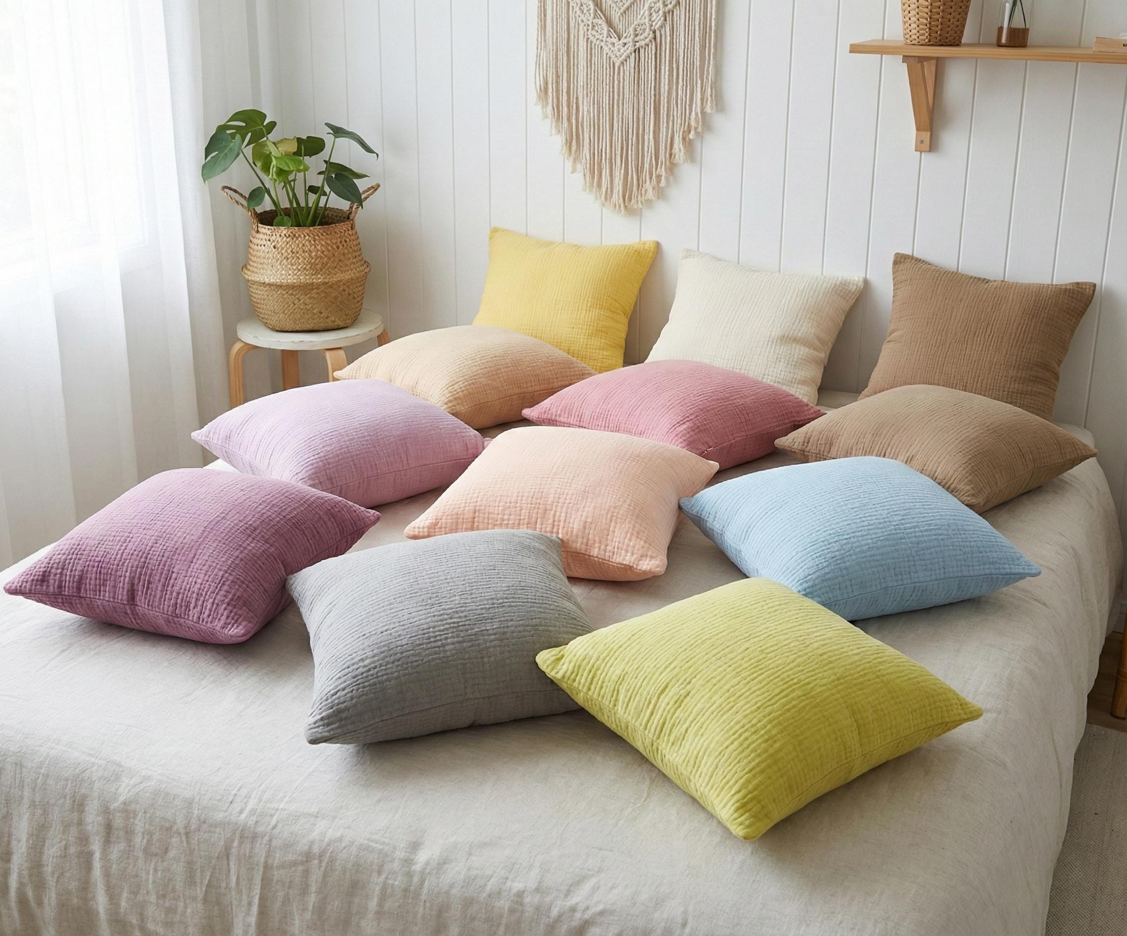 2 Pcs Organic 2-ply Muslin Pillow Covers - Square - Rectangle - Lumbar Pillowcases - 100% Cotton - Soft, Breathable Cooling Pillow Cases