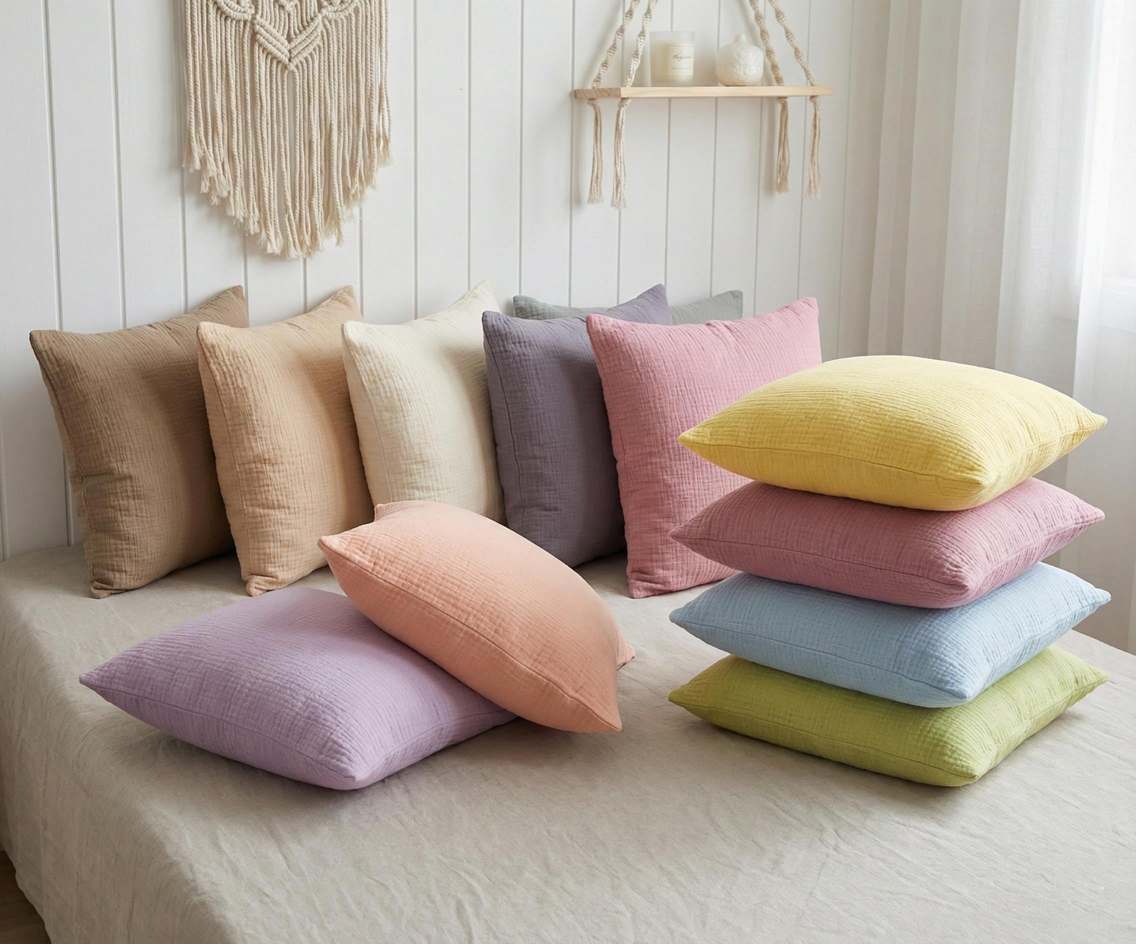 2 Pcs Organic 2-ply Muslin Pillow Covers - Square - Rectangle - Lumbar Pillowcases - 100% Cotton - Soft, Breathable Cooling Pillow Cases